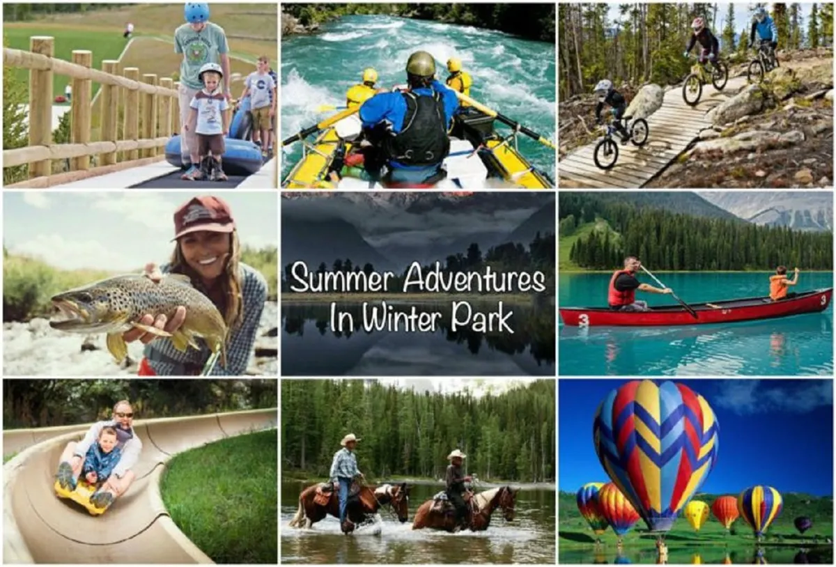An energetic outdoor scene showing families kayaking, biking, fishing, and watching hot air balloons take flight. The setting is vibrant with groups of children and adults enjoying various outdoor adventures in a mountainous environment.