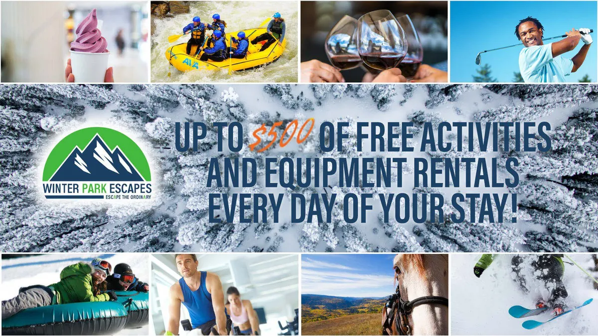 A collage-style view of outdoor adventures across seasons: individuals skiing and snowboarding on snowy slopes, people rafting on rapids, others savoring local food and drinks, and groups enjoying horseback riding in lush scenery. The image mixes action, relaxation, and social moments, emphasizing the variety of activities available year-round.