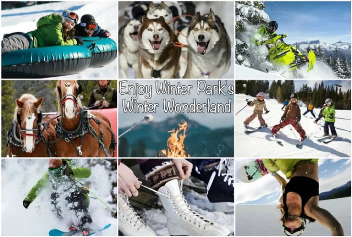 A vibrant winter scene featuring people enjoying a variety of snow activities: tubing down snowy hills, a team of sled dogs pulling a sled, snowmobiles speeding across a snowy landscape, a horse-drawn sled, children skiing, a snowboarder in action, people gathered around a fire pit, and ice skates nearby. The energy is playful and exciting, capturing the essence of winter adventure.