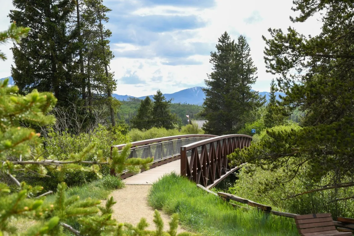 This image features a tranquil wooden bridge surrounded by lush trees, with distant mountains visible in the background. The natural setting is inviting and highlights the area's outdoor beauty.